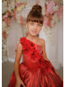 One Shoulder Dark Red 3D Flowers Shiny Organza Flower Girl Dress